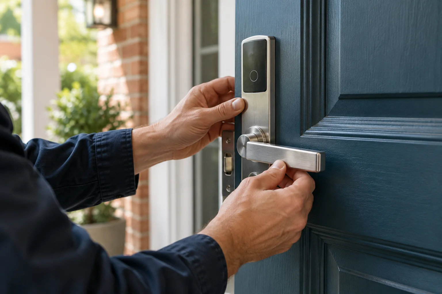 Technician fitting an electronic lock on a residential front door